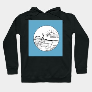 Female Surfer Riding the Wave with a blue background Hoodie